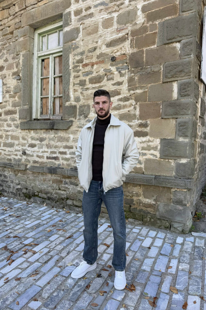 ONE COLOR ZIPPER LEATHER MEN JACKET LIGHT GREY/GZ - 1