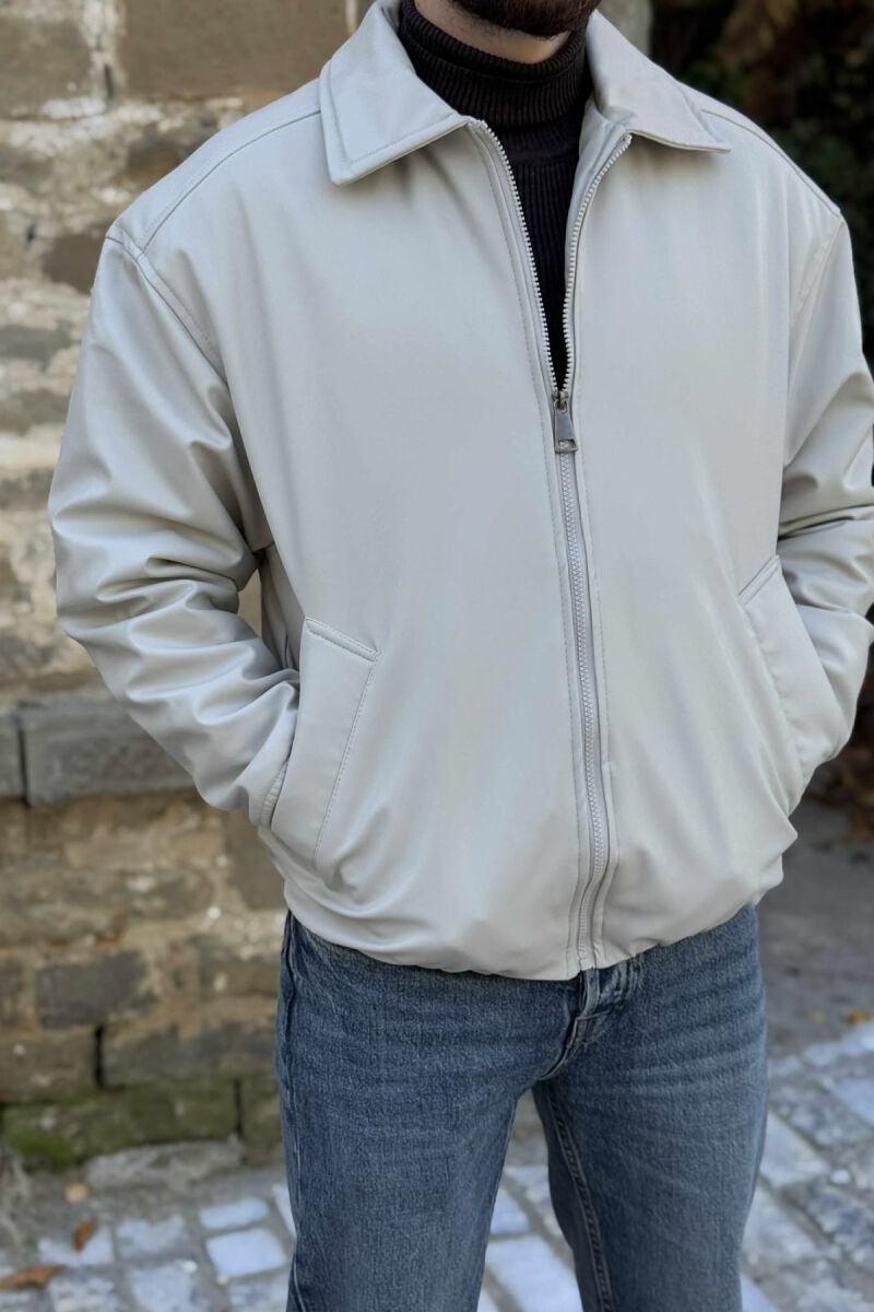 ONE COLOR ZIPPER LEATHER MEN JACKET LIGHT GREY/GZ - 2