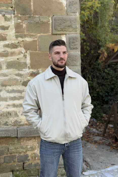 ONE COLOR ZIPPER LEATHER MEN JACKET LIGHT GREY/GZ - 3