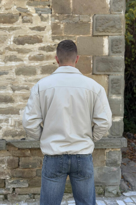 ONE COLOR ZIPPER LEATHER MEN JACKET LIGHT GREY/GZ - 4