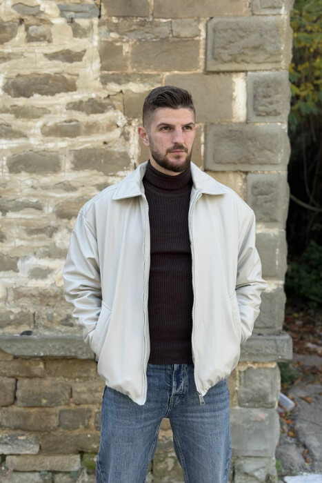 ONE COLOR ZIPPER LEATHER MEN JACKET LIGHT GREY/GZ - 5