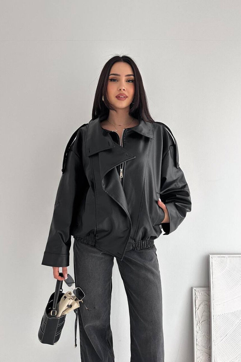 ONE COLOR ZIPPER LEATHER WOMEN JACKET BLACK/ E ZEZE - 1