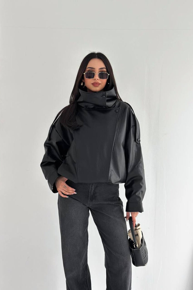 ONE COLOR ZIPPER LEATHER WOMEN JACKET BLACK/ E ZEZE - 2