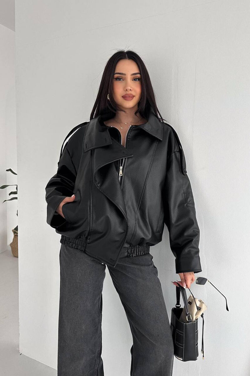 ONE COLOR ZIPPER LEATHER WOMEN JACKET BLACK/ E ZEZE - 3