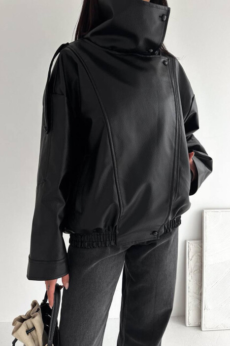 ONE COLOR ZIPPER LEATHER WOMEN JACKET BLACK/ E ZEZE - 4