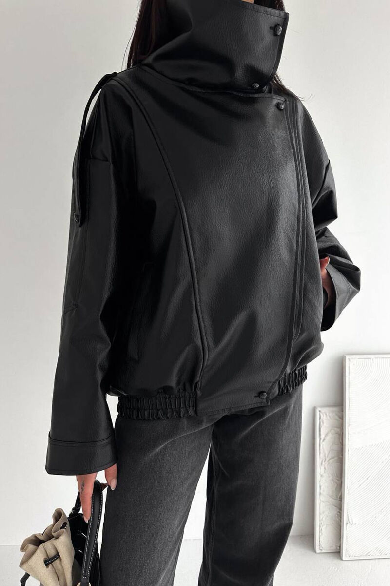 ONE COLOR ZIPPER LEATHER WOMEN JACKET BLACK/ E ZEZE - 4