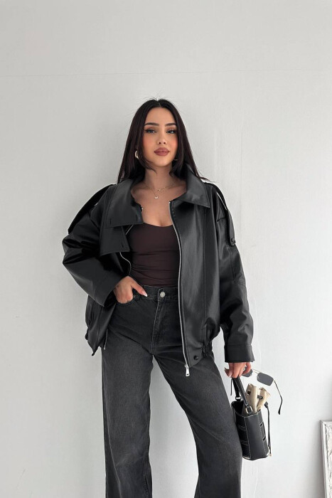 ONE COLOR ZIPPER LEATHER WOMEN JACKET BLACK/ E ZEZE - 5