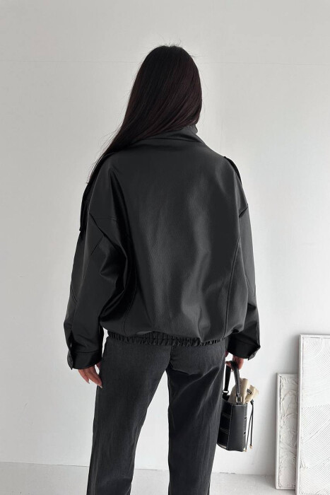 ONE COLOR ZIPPER LEATHER WOMEN JACKET BLACK/ E ZEZE - 6