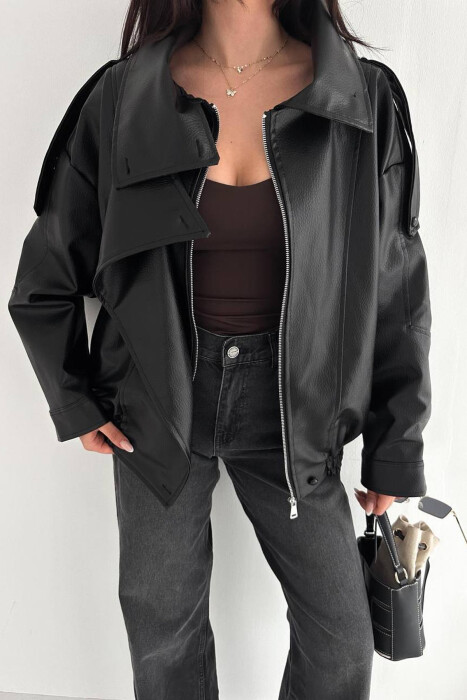 ONE COLOR ZIPPER LEATHER WOMEN JACKET BLACK/ E ZEZE - 7