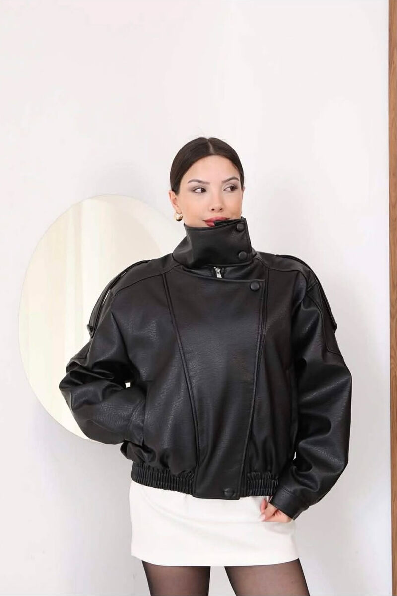 ONE COLOR ZIPPER LEATHER WOMEN JACKET BLACK/ E ZEZE - 1