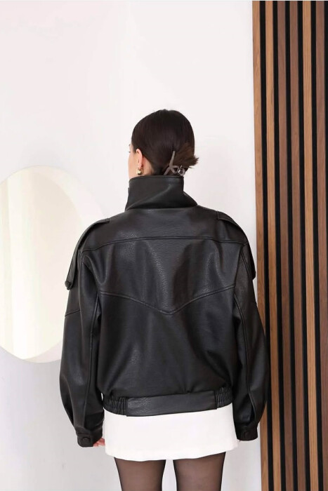 ONE COLOR ZIPPER LEATHER WOMEN JACKET BLACK/ E ZEZE - 3