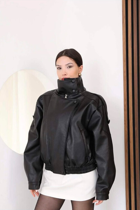 ONE COLOR ZIPPER LEATHER WOMEN JACKET BLACK/ E ZEZE - 4