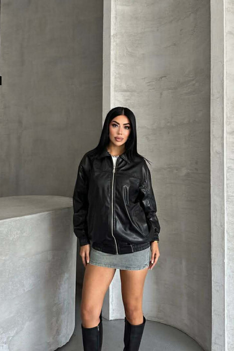 ONE COLOR ZIPPER LEATHER WOMEN JACKET BLACK/ E ZEZE - KLAUDIO FASHION