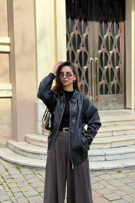 ONE COLOR ZIPPER LEATHER WOMEN JACKET BLACK/ E ZEZE - KLAUDIO FASHION