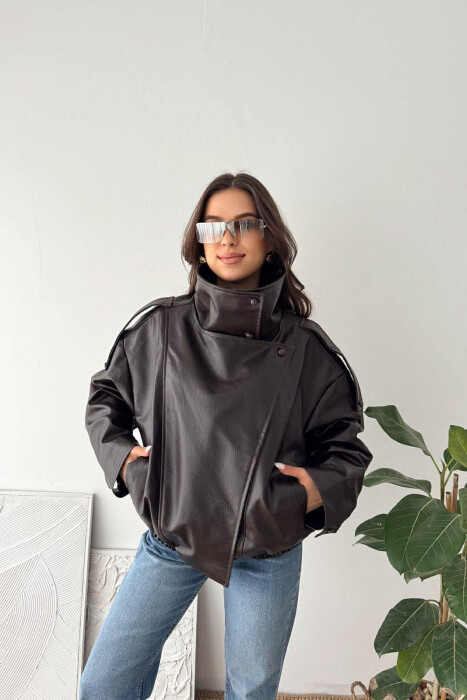 ONE COLOR ZIPPER LEATHER WOMEN JACKET BROWN/KAFE - KLAUDIO FASHION