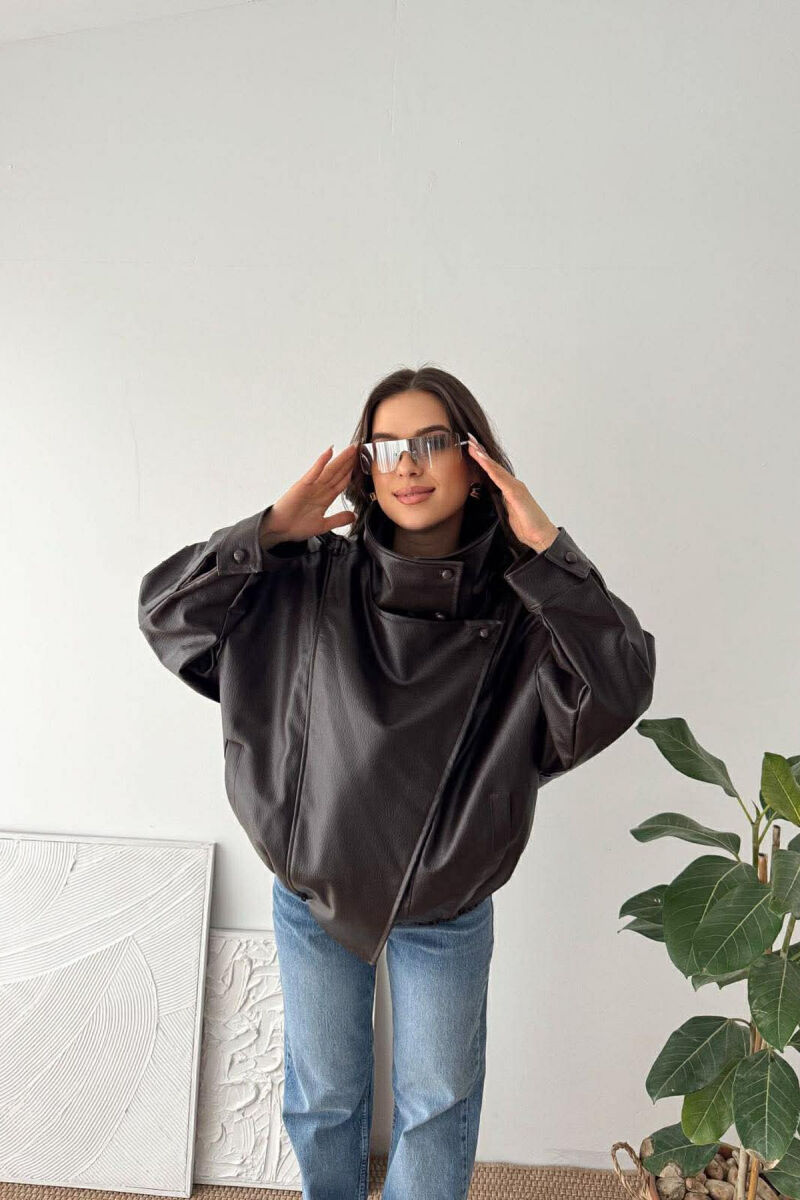 ONE COLOR ZIPPER LEATHER WOMEN JACKET BROWN/KAFE - 2