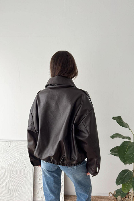 ONE COLOR ZIPPER LEATHER WOMEN JACKET BROWN/KAFE - 3