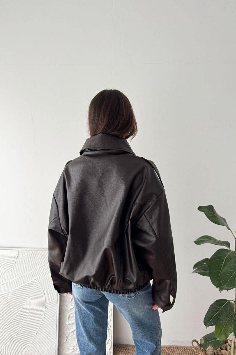 ONE COLOR ZIPPER LEATHER WOMEN JACKET BROWN/KAFE - 3