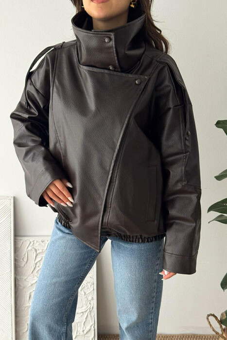 ONE COLOR ZIPPER LEATHER WOMEN JACKET BROWN/KAFE - 4