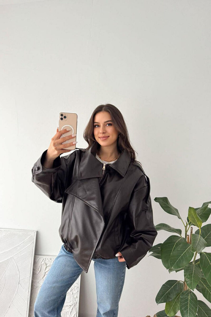 ONE COLOR ZIPPER LEATHER WOMEN JACKET BROWN/KAFE - 5