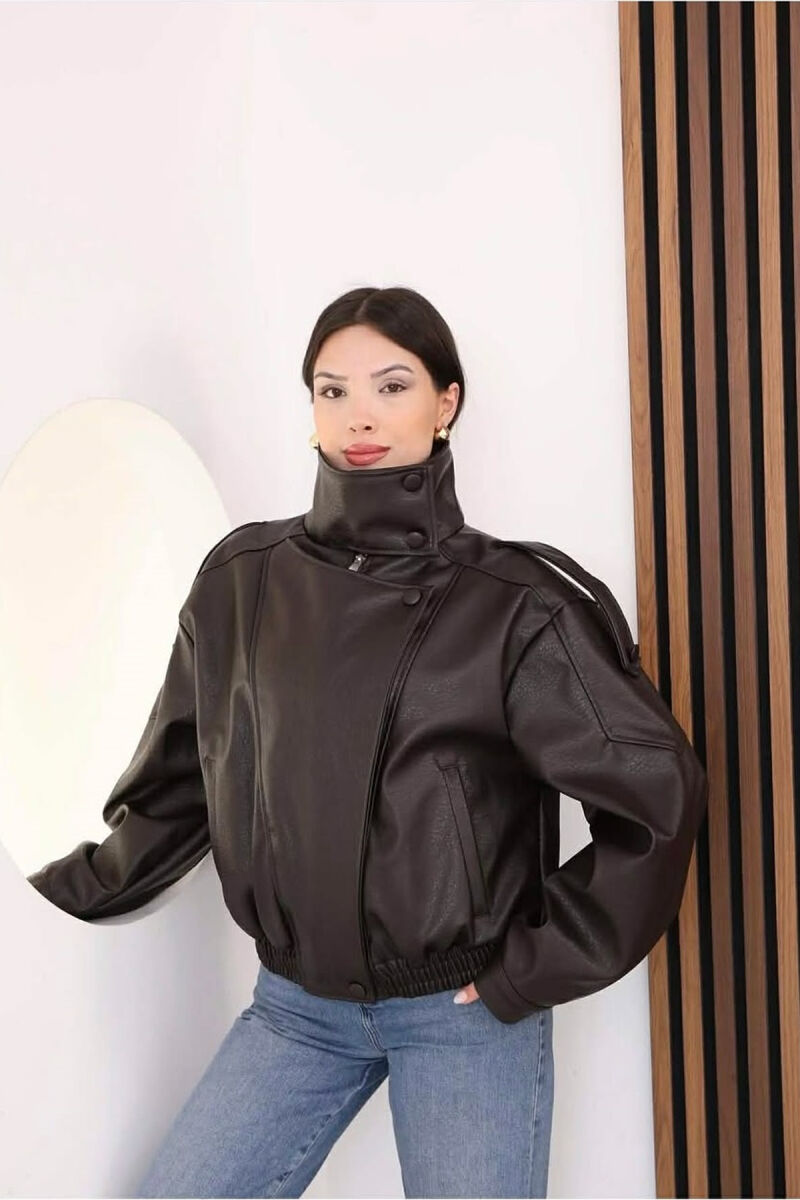 ONE COLOR ZIPPER LEATHER WOMEN JACKET DARK BROWN/KAE - 1