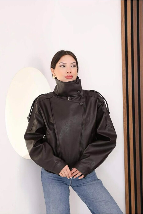 ONE COLOR ZIPPER LEATHER WOMEN JACKET DARK BROWN/KAE - 2