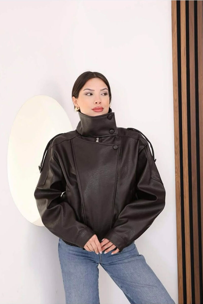 ONE COLOR ZIPPER LEATHER WOMEN JACKET DARK BROWN/KAE - 2