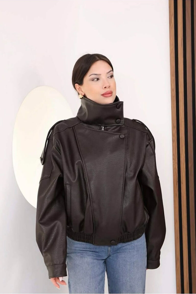 ONE COLOR ZIPPER LEATHER WOMEN JACKET DARK BROWN/KAE - 3