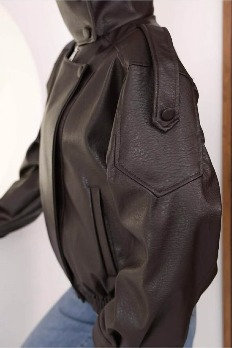 ONE COLOR ZIPPER LEATHER WOMEN JACKET DARK BROWN/KAE - 4
