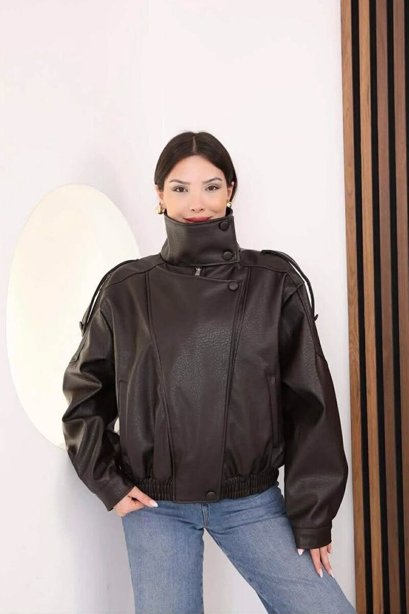 ONE COLOR ZIPPER LEATHER WOMEN JACKET DARK BROWN/KAE - 5