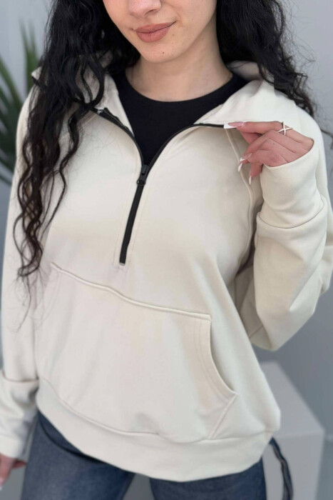 ONE COLOR ZIPPER NECK ELASTIC WOMEN SWEATSHIRT CREAM/KREM - 3