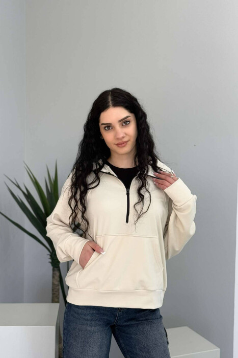 ONE COLOR ZIPPER NECK ELASTIC WOMEN SWEATSHIRT CREAM/KREM - 4