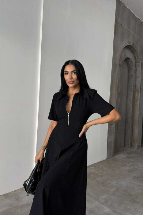 ONE COLOR ZIPPER NECK LONG WOMEN DRESS BLACK/ E ZEZE - 2