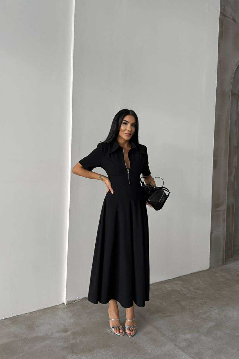 ONE COLOR ZIPPER NECK LONG WOMEN DRESS BLACK/ E ZEZE - 3