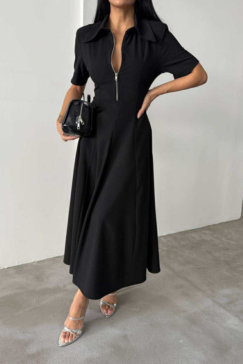 ONE COLOR ZIPPER NECK LONG WOMEN DRESS BLACK/ E ZEZE - 4