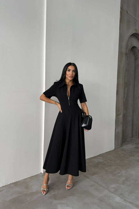 ONE COLOR ZIPPER NECK LONG WOMEN DRESS BLACK/ E ZEZE 