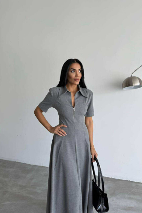 ONE COLOR ZIPPER NECK LONG WOMEN DRESS GREY/GRI - 4