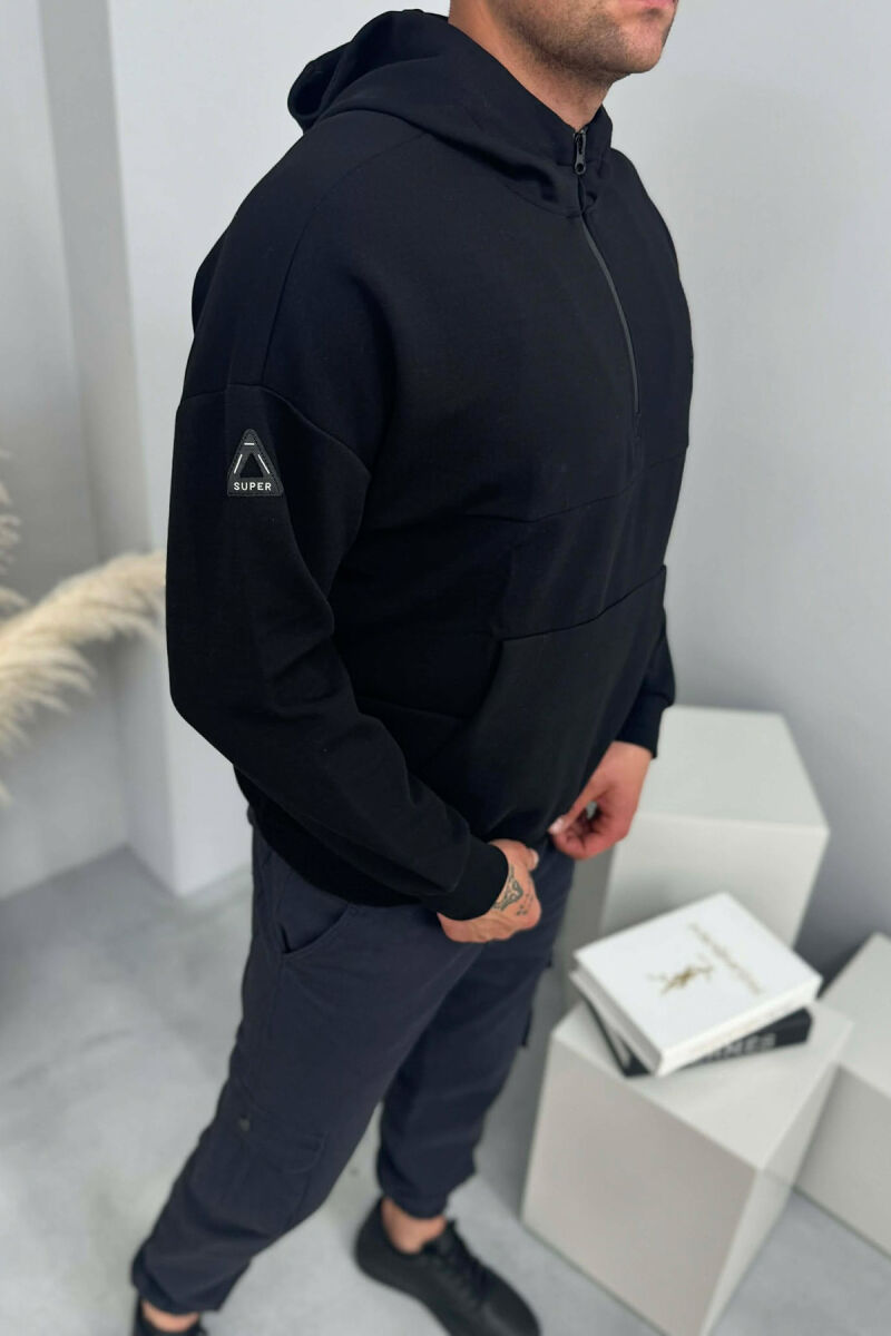 ONE COLOR ZIPPER NECK MEN HOODIE BLACK/ E ZEZE - 3