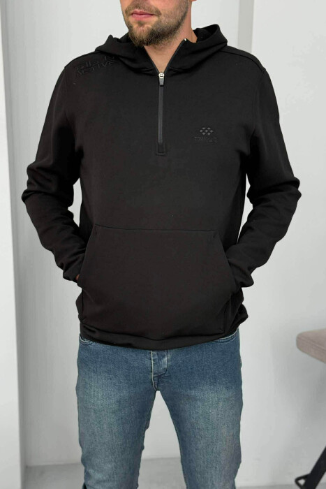 ONE COLOR ZIPPER NECK MEN HOODIE BLACK/ E ZEZE - KLAUDIO FASHION