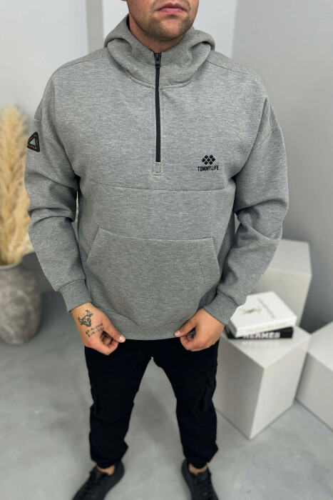 HOODIE NJËNGJYRËSHE ME JAKË ME ZINXHIR PËR MESHKUJ NË NGJYRËN GRI 