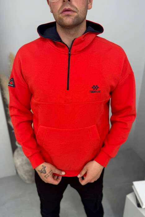 ONE COLOR ZIPPER NECK MEN HOODIE RED/E KUQE - KLAUDIO FASHION
