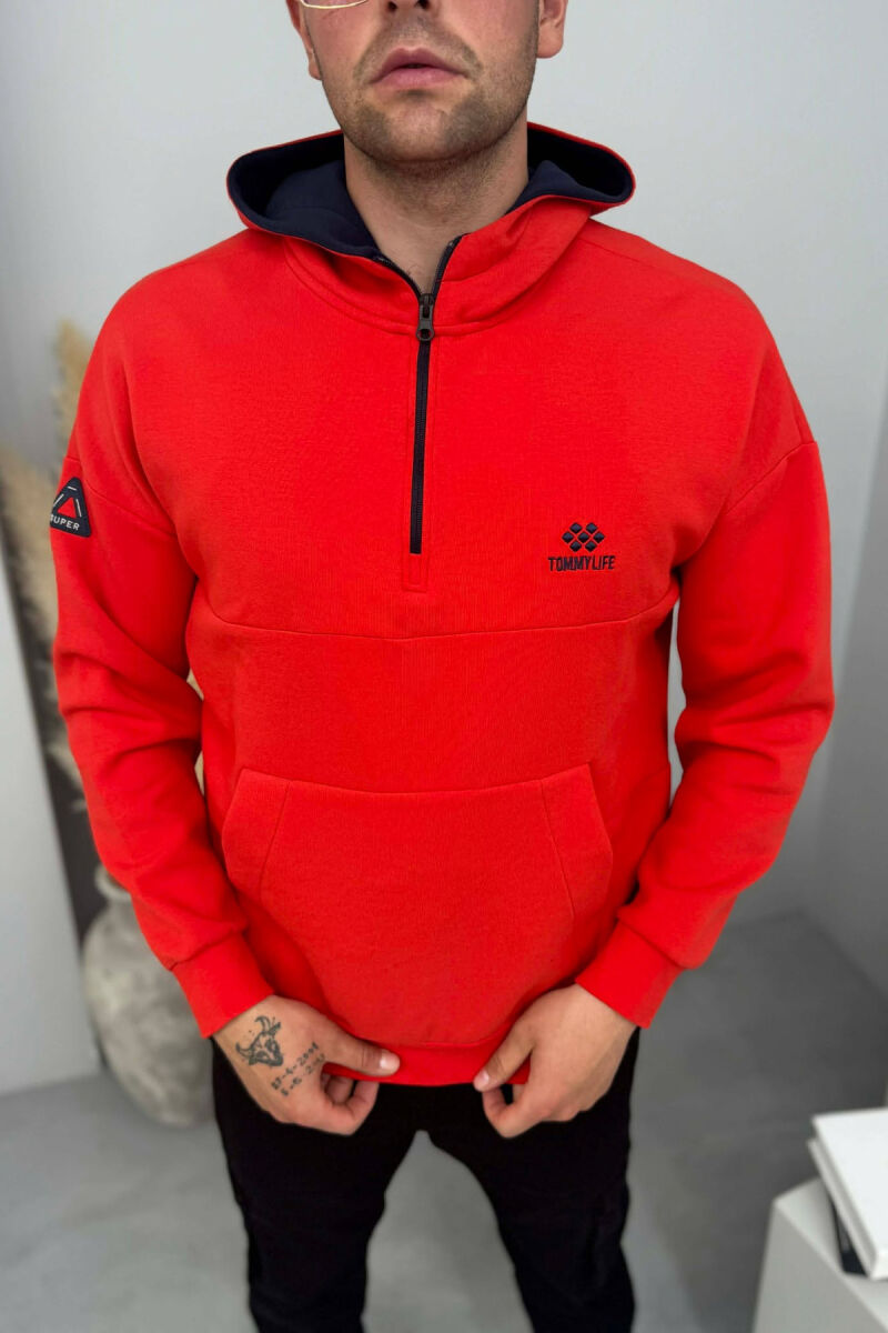 ONE COLOR ZIPPER NECK MEN HOODIE RED/E KUQE - 1
