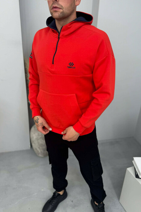 ONE COLOR ZIPPER NECK MEN HOODIE RED/E KUQE - 2