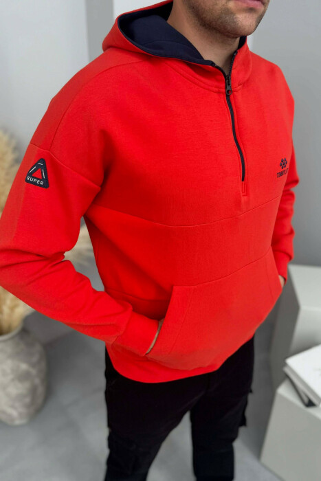 ONE COLOR ZIPPER NECK MEN HOODIE RED/E KUQE - 3