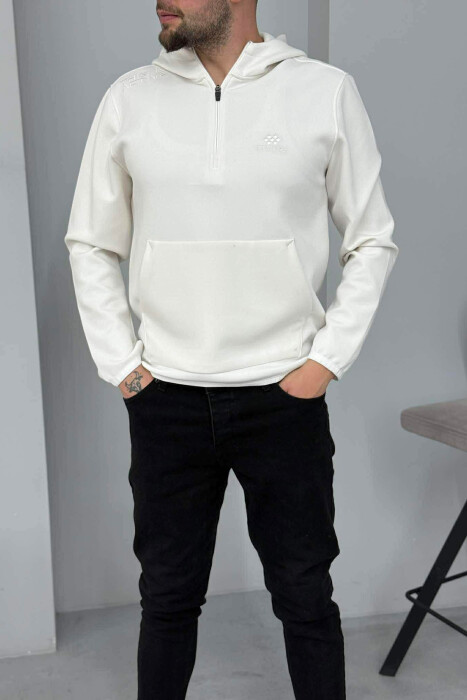 ONE COLOR ZIPPER NECK MEN HOODIE WHITE-E BARDHE - KLAUDIO FASHION