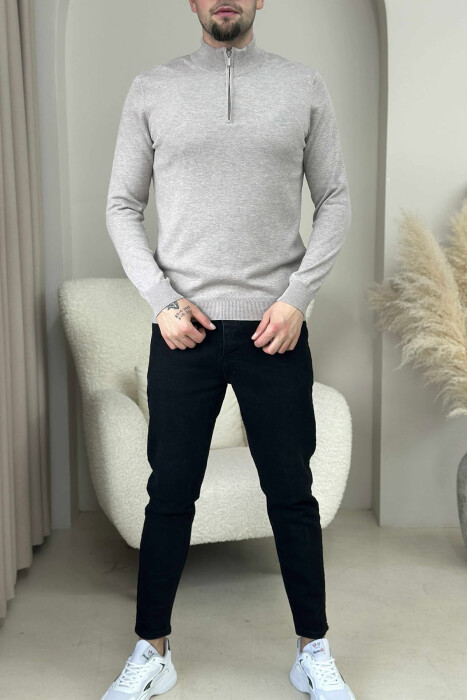 ONE COLOR ZIPPER NECK MEN SWEATER BEIGE/BEZHE 