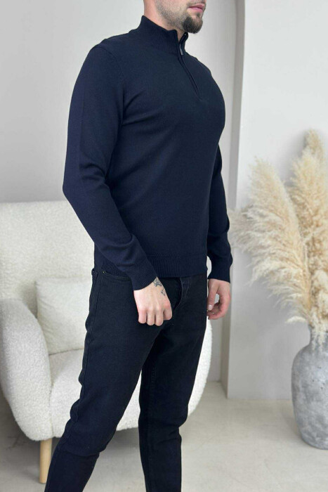 ONE COLOR ZIPPER NECK MEN SWEATER BLACK/ E ZEZE - 4