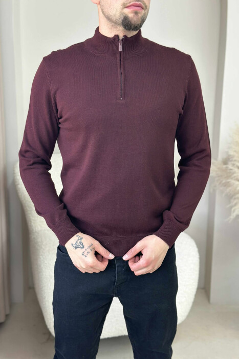 ONE COLOR ZIPPER NECK MEN SWEATER DARK BURGUNDY/VISHNJE E ERRET - 2