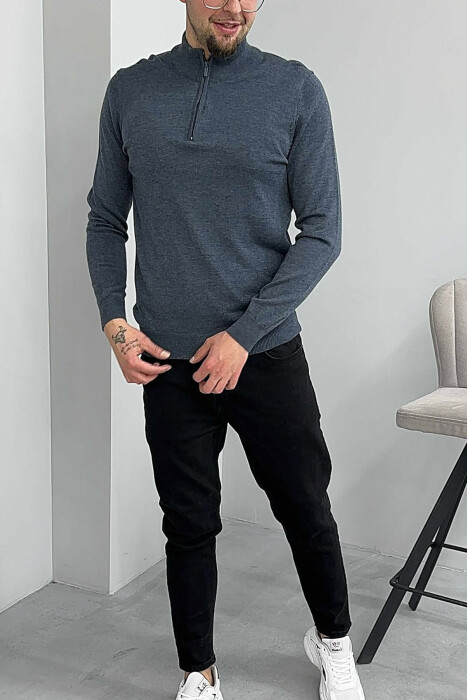 ONE COLOR ZIPPER NECK MEN SWEATER DARK GREY/GEE 