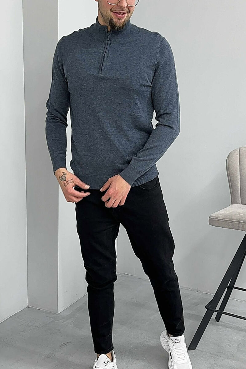 ONE COLOR ZIPPER NECK MEN SWEATER DARK GREY/GEE - 1